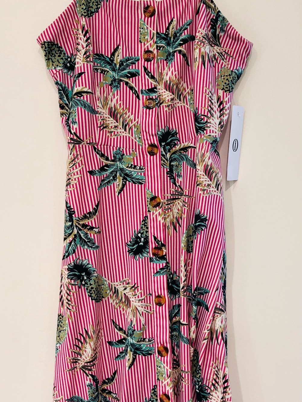 Summer Dress Pineapple Striped Print Spaghetti Strap Button Down Dress BNWT